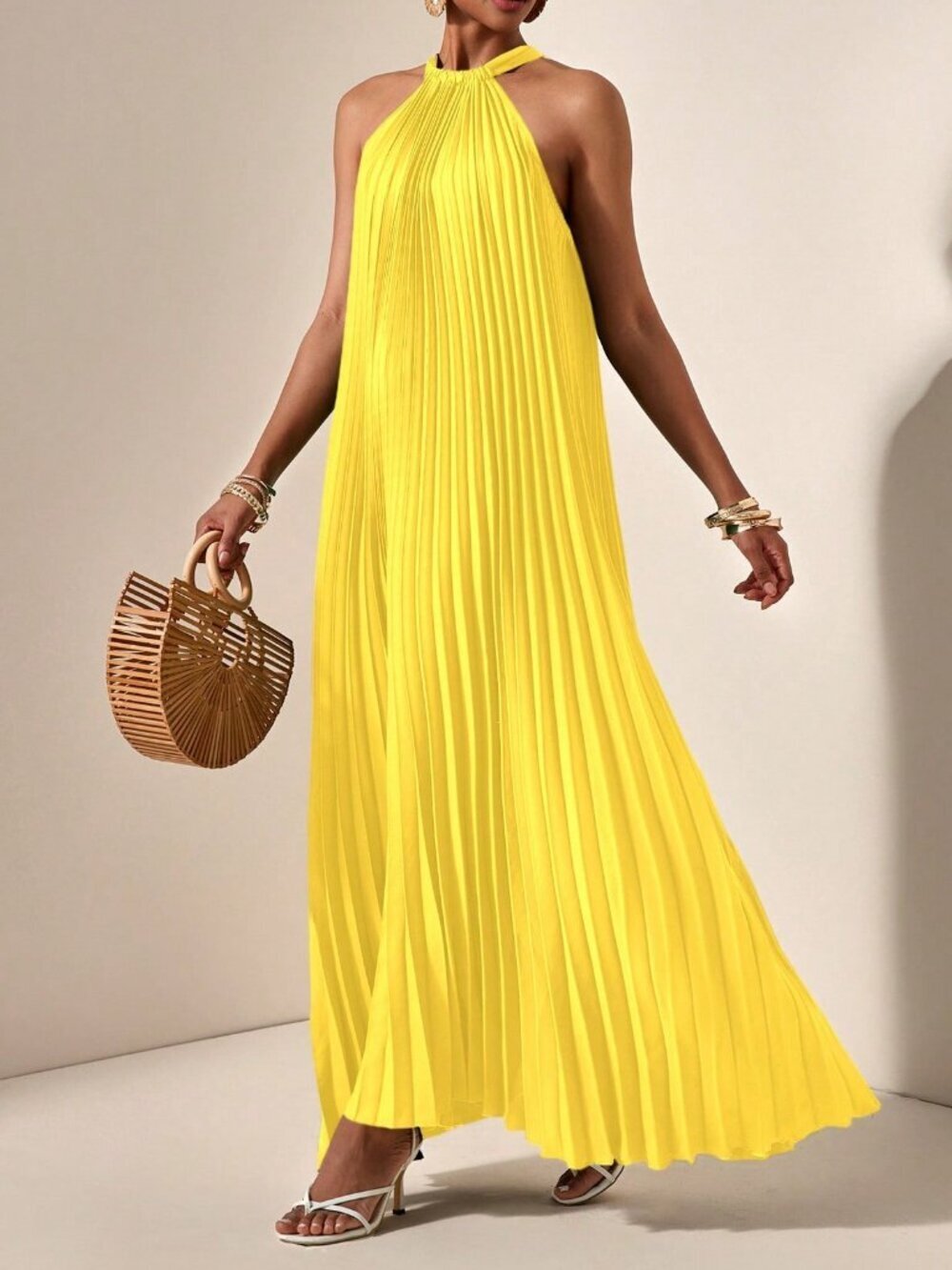 Yellow Casual Women's Halterneck Pleated A-Hem Loose Maxi dress - Picture 3 of 7